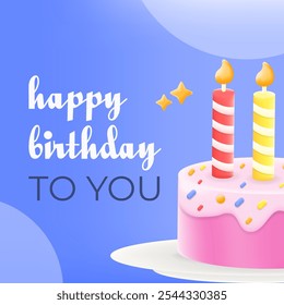 Texto de tipografía de celebración con un saludo de cumpleaños con un pastel de dos velas. publicaciones en redes sociales, tarjetas digitales y deseos de cumpleaños. Ilustración vectorial 3D