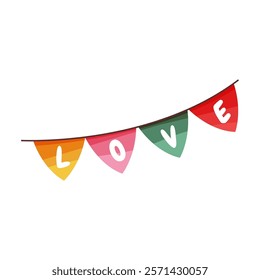 Celebration Valentines day flags with LOVE letters. Vector ornament or decoration for marriage and wedding holiday or festive. Banner design for affection and romantic relationship. Event element.