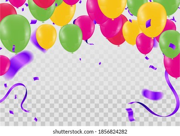 Feierlichkeiten, Vektorhintergrund mit bunten Konfetti, Ballons und Bändern/Glückwunsch Geburtstagskarte