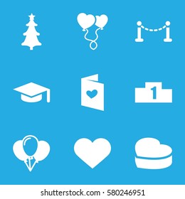 celebration vector icons. Set of 9 celebration filled icons such as fence, love letter, heart balloons, heart cake, heart, christmas tree, ranking, balloon