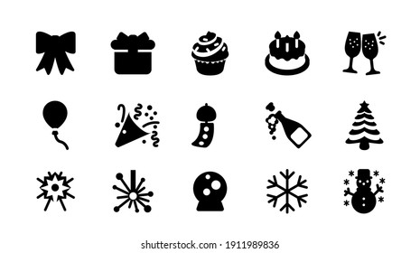 Iconos vectoriales de celebración establecidos. Caja de Regalo de Cumpleaños, Pastel, Champagne, Esparkles, Fuegos artificiales, Árbol de Navidad, Hombre de Nieve, Colección de Símbolos de Fiesta - Vector