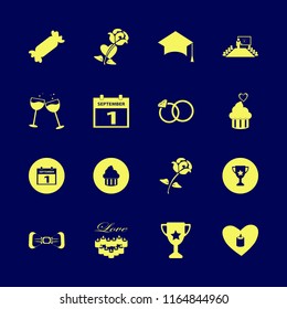 celebration vector icons set. with cupcake, first september calendar, trophy cup and candles heart in set