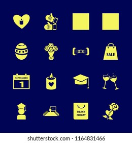 celebration vector icons set. with glasses wine, graduaded student, mittens and shopping bag in set