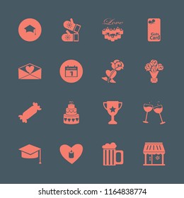 celebration vector icons set. with trophy cup, graduation hat, glasses wine and gift card in set