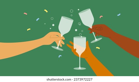 Celebration vector illustration. Diversity male or female hands holding champagne or wine glass. People hold cocktail drink. Cheers, festivity new year, birthday party. Anniversary, xmas holiday event