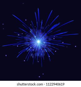 Celebration vector light blue fireworks over night sky. 4th of July Independence Day, New Year holidays background.