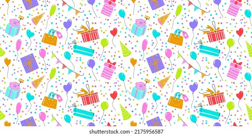 Celebration vector seamless pattern with gift boxes, confetti, balloons. Colorful simple happy birthday repeatable background.