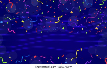 Celebration. Vector serpentine and confetti on colourful background. Vector