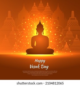 
Feiern Sie Vesak Day Design. Vesak Tag Hintergrund Vektorgrafik mit Tempel und glänzender Lord Buddha Silhouette.