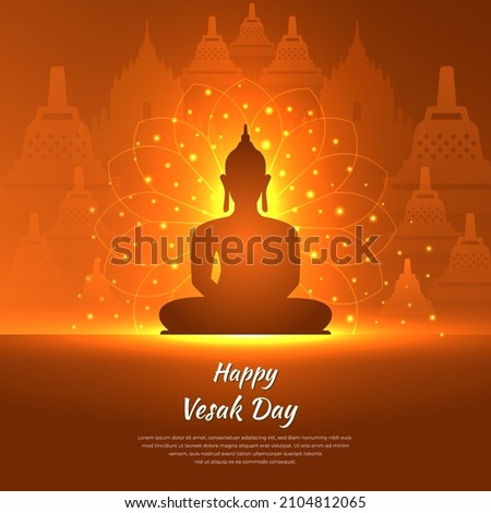 
Celebration Vesak Day Design. Vesak Day background vector illustration with temple and shinny Lord Buddha silhouette.