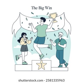 Celebration of victory concept. An athlete stands joyfully on the winner's podium holding a trophy, while supporters cheer on. Success and achievement theme. Vector illustration.