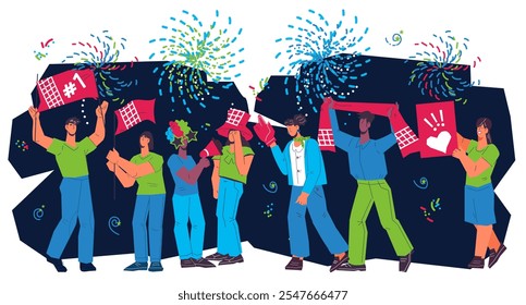 Celebration of victory and happiness concept with people. Unity, freedom, and shared happiness. Crowd of happy people, sport fans, team supporters and enthusiasts, flat vector isolated.