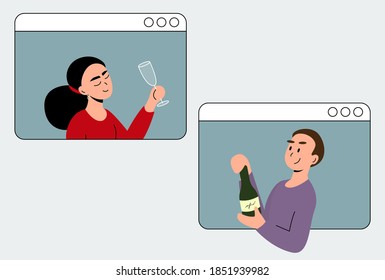 celebration video call / friends conversation online, holiday and champagne through distance, vector flat illustration EPS
