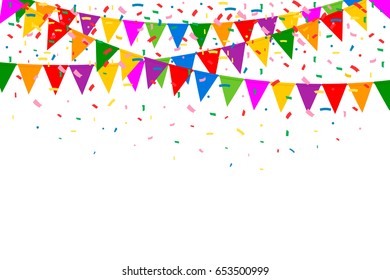 Celebration Web Banner. Colorful Party Flags And Confetti. Vector Illustration. Flat Design. EPS 10.