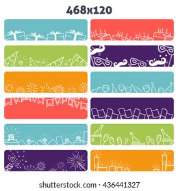 Celebration web banners vector set with cake firework drinks giftbox