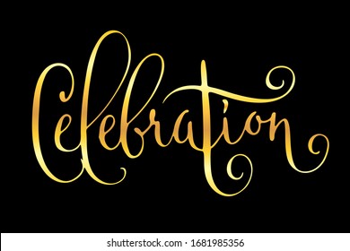 Celebration. Wedding hand written vector design element in shiny golden isolated over black. Traditional calligraphy.