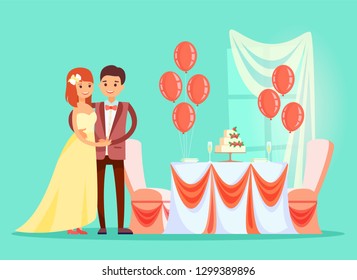 Celebration of wedding vector, marriage ceremony reception. Bride and Groom standing by table with cake and strawberries, balloons and window veil