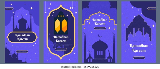 Celebration and welcome Ramadhan flat design story, poster, with golden background and silhouette style illustration. 