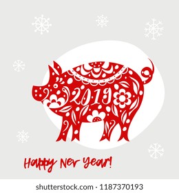 Celebration white background with pig. 2019 Happy New Year greeting card.