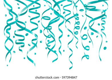 Celebration white background template with confetti and blue ribbons. Vector illustration