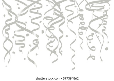 Celebration white background template with confetti and silver ribbons. Vector illustration art