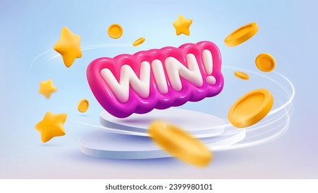 Celebration of win with flying around coins and stars on light background. Winning vector illustration. 3d realistic inflated winword on podium.