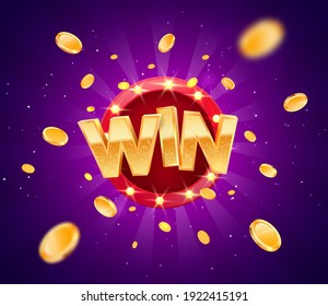 Celebration win gold text on retro red board vector banner. Win congratulations in frame illustration for casino or online games. Explosion coins  on purple background.