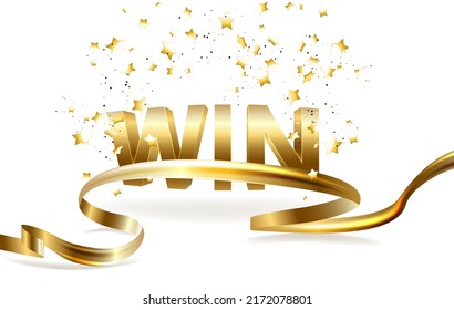 Celebration of win on falling down confetti background. Golden textured Win word