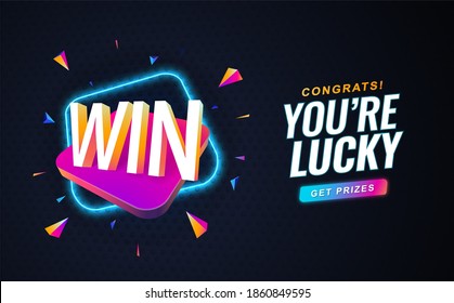 Celebration of win retro 90s style on dark background. Winning vector illustration. Gambling banner template with win word