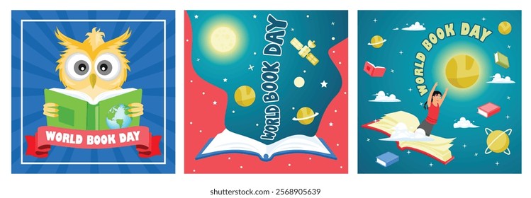 Celebration of World Book Day, April 23.The importance of all knowledge that emerges from a book. Astronomy icons in the background. World Book Day concept. Set flat vector illustration.