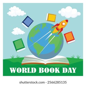 Celebration of World Book Day featuring books, a rocket, and Earth. Emphasizes literacy, education, and the joy of reading and exploring worlds through literature. Flat vector modern illustration 