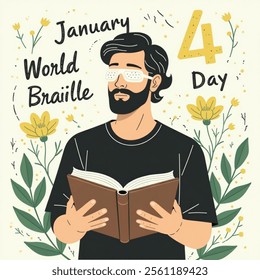 Celebration of World Braille Day on January 4th with a person holding an open Braille book, vector.