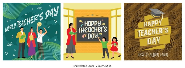 Celebration of World Teachers' Day. Student give gifts to teachers. Best teacher ever. Happy Teacher's Day concept. Set flat vector illustration.