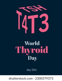 Celebration of the World Thyroid Day, May 25th. Cube with the letters of T4, T5, TSH in pink on a dark blue background.