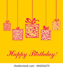  Celebration yellow background with gift boxes and place for your text. vector illustration 