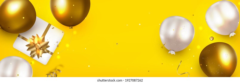 Celebration yellow template with balloons, gift box. Flat lay horizontal banner. Concept for web cover, social networks, promotional sales.Realistic vector background.