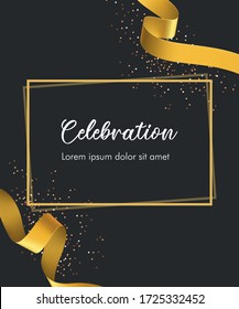 Celebration/invitation card with golden curving golden ribbon and sparkling confetti. Grand opening concept. Vector illustration template