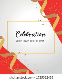 Celebration/invitation card with golden curving golden ribbon and sparkling confetti. Grand opening concept. Vector illustration template