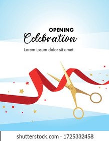 Celebration/invitation card with golden scissor cutting curving golden ribbon and sparkling confetti. Grand opening concept. Vector illustration template