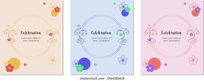 Celebrationinvitation card with modern vector flora, various colourful template set. Minimal shapes composition. Flat design.