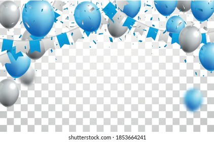 Banner de celebraciones con globos azules y plateados