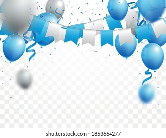 Banner de celebraciones con globos azules y plateados