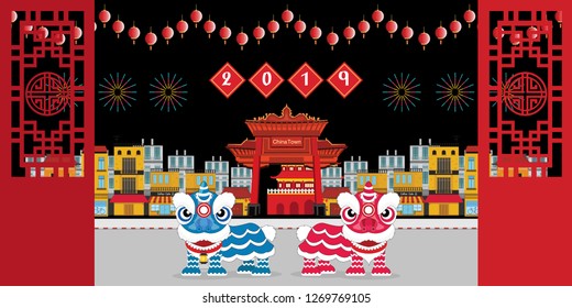 Celebrations in Chinatown, Chinese new year 2019. Year of the pig and lion dance. flat design