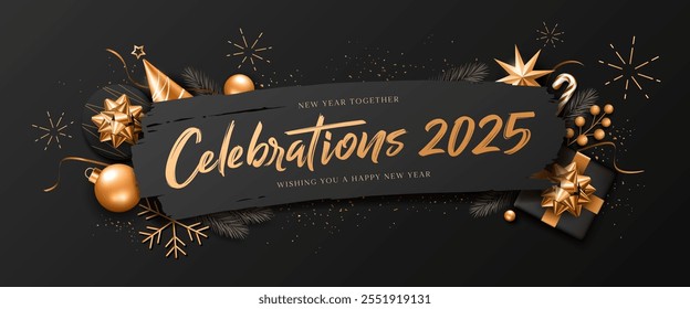 Celebrations Happy new year 2025, ornaments gold and black, greeting card banner design on black background, Eps 10 vector illustration