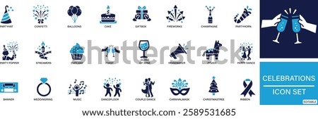Celebrations icon set Party Hat, Confetti, Balloons, Cake, Gift Box, Fireworks, Champagne, Party Horn, Party Popper You can easily change the color