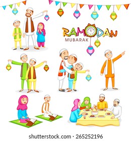 Celebrations for Islamic holy month of prayers, Ramadan Mubarak with Religious Muslim people in various activities to follow the rituals. 