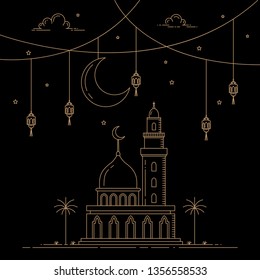 celebrations in the month of Ramadan with decorative lantern lights and mono line style mosques, vector illustration