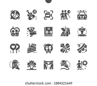 Celebrations. Wedding, birthday, party, celebration. Holiday decoration. Party food and drink. List of invitees to the celebration. Vector Solid Icons. Simple Pictogram