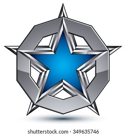 Celebrative glamorous geometric symbol, stylized pentagonal blue star placed on round silver surface, best for use in web and graphic design. Polished 3d vector icon isolated on white background.

