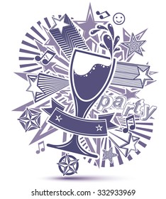 Celebrative grayscale backdrop with musical notes, glass goblet with wine and decorative stars. Graphic monochrome festive splash poster with design elements easy to use separately.